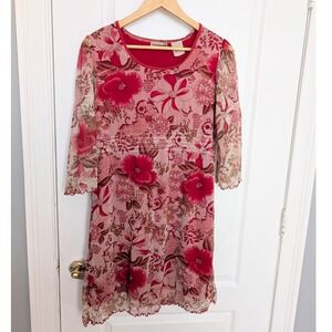 Vintage Expressions Red Floral Mesh Overlay Dress Empire Waist Medium